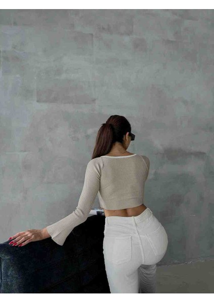 Kadın Kalp Yaka Kol Detaylı Örme Triko Bluz fırsatları