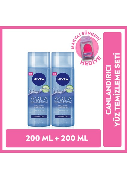 NIVEA Aqua Sensation Canlandırıcı Yüz Temizleme Jeli 200 ml x 2 Adet, Salatalık Özü, Makyaj Süngeri Hediye