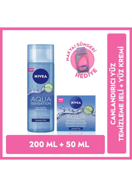 NIVEA Aqua Sensation Canlandırıcı Bakım Kremi 50 ml ve Aqua Sensation Canlandırıcı Temizleme Jeli 200 ml,Makyaj Süngeri Hediye