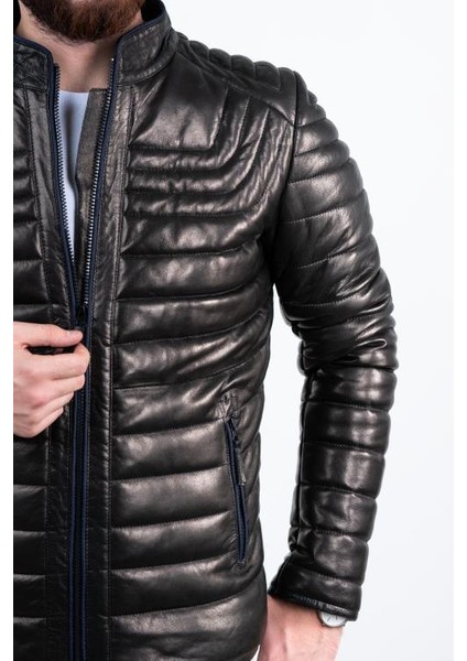 Siyah Şişme Erkek Deri Mont Bordo-4xl