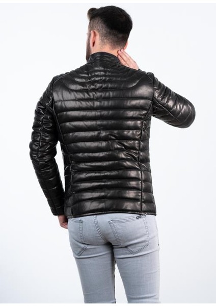 Siyah Şişme Erkek Deri Mont Bordo-4xl