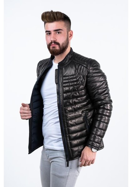 Siyah Şişme Erkek Deri Mont Sarı-L