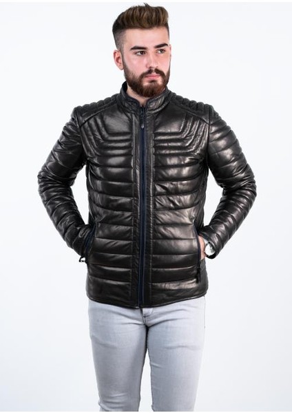 Siyah Şişme Erkek Deri Mont Sarı-L