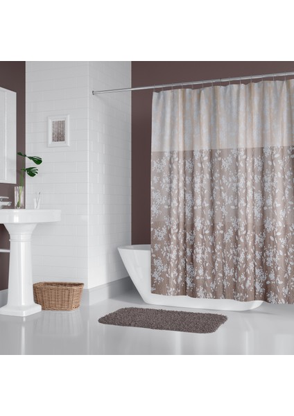 Tropik Home Duş Perdesi Çift Kanat 2X120X200CM Çiçekli Desenli Banyo Perdesi 16 Adet C Halka Hediyeli