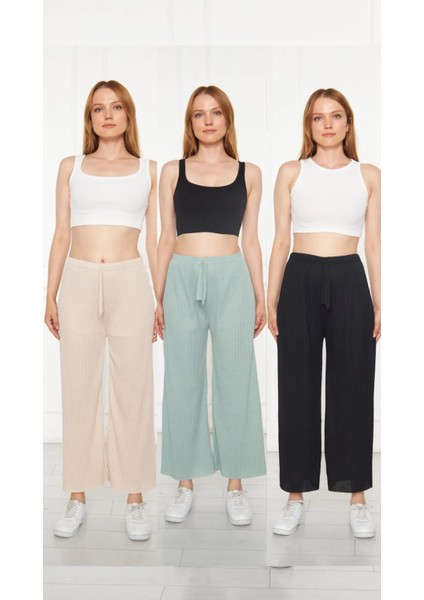 3'lü Siyah Kadın Fitilli Raporlu Pantolon & Eşofman, Gündelik Ev Giyim Pijama