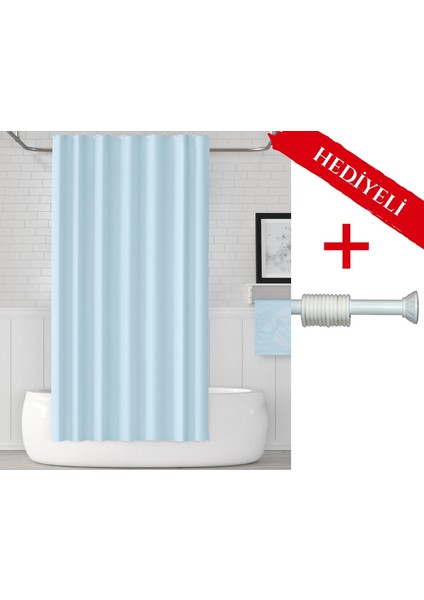 Mavi Banyo Perdesi Askı Hediyeli 180X200CM Tek Kanat Duş Perdesi, Açık Mavi Banyo Duş Perdesi
