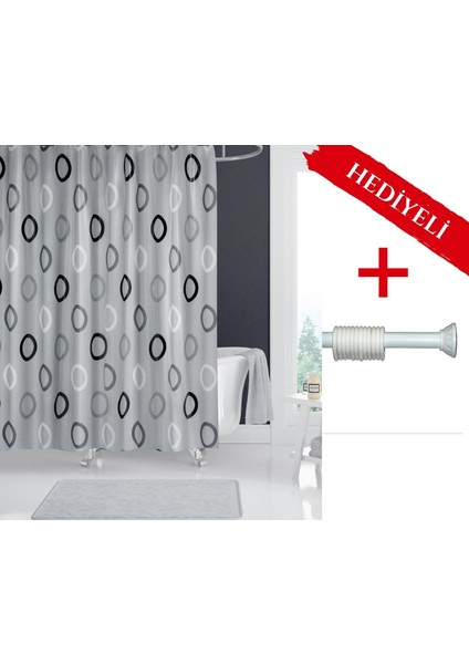 Polyester Kumaş Geometrik Desen Gri Banyo Perdesi Askı Aparatı Hediyeli C-Halkalı Duş Perdesi fiyatları