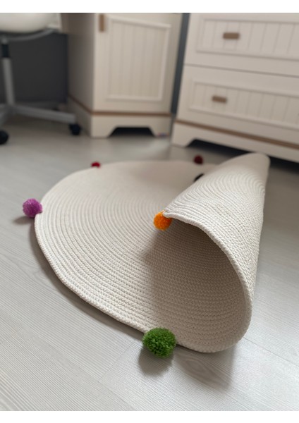 Haz Toz Vermez Antialerjik Jüt Dokuma Ponponlu Beyaz Jüt Halı Bebek Çocuk Odası Halısı fırsatları
