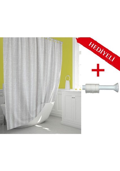 Mermer Desen Banyo Perdesi Askı Aparatı Hediyeli Polyester Kumaş Plastik C Halkalı Duş Perdesi
