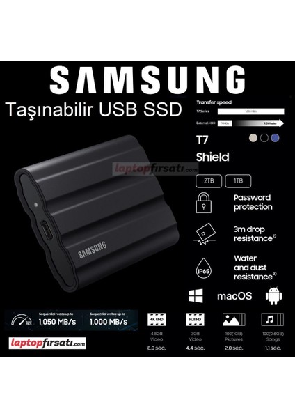 T7 Shield 2TB MU-PE2T0S/WW 1050MB - 1000MB USB 3.2 SSD - Siyah