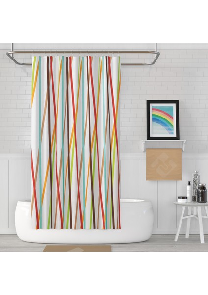 Banyo Perdesi Şerit Desen Yerli Üretim Duş Perdesi Plastik C-Halka Hediye 180X200CM Banyo Perdeleri