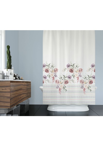 Banyo Perdesi Gül Desen Yerli Üretim Duş Perdesi Plastik C-Halka Hediye 180X200CM Banyo Perdeleri