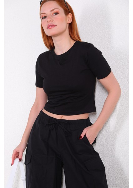 TSR-04267 Siyah Crop Basic Tişört