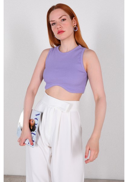 BLZ-06220 Lila Bel Oval Detay Kaşkorse Kumaş Crop Bluz