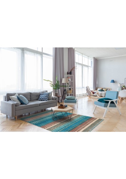 Bodrum Kilim Bd 04 Blue Nw Jüt Görünümlü Hav Toz Vermez Çift Taraflı Yıkanabilir Kilim