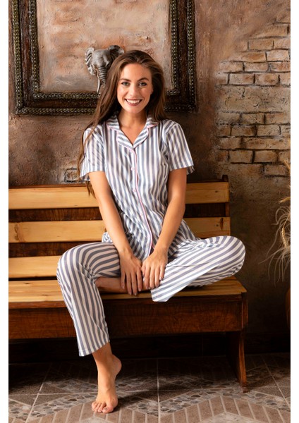 sudehomewear Sude Homewear Çizgili Gömlek Kısa Kol Pijama Takımı