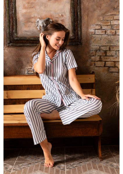 sudehomewear Sude Homewear Çizgili Gömlek Kısa Kol Pijama Takımı