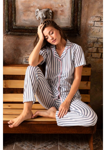 sudehomewear Sude Homewear Çizgili Gömlek Kısa Kol Pijama Takımı