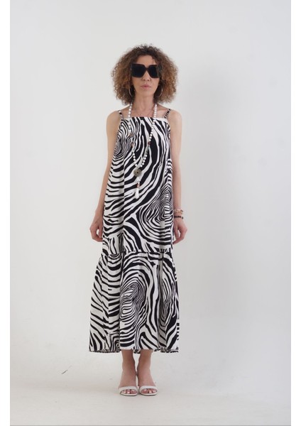 Siyah Zebra Desen Askılı Elbise