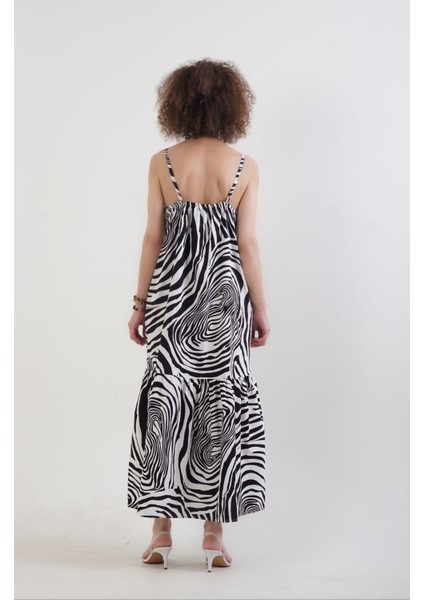 Siyah Zebra Desen Askılı Elbise