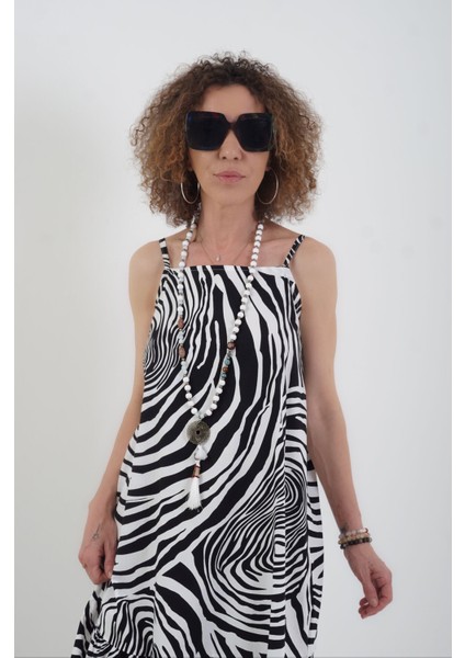 Siyah Zebra Desen Askılı Elbise