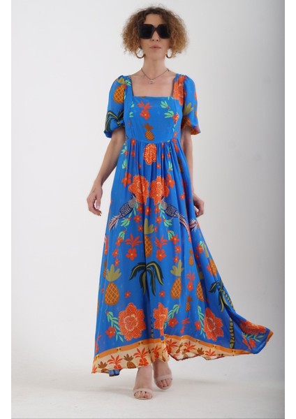 Mavi Kuş Çiçek Desenli Sırtı Gipeli Elbise