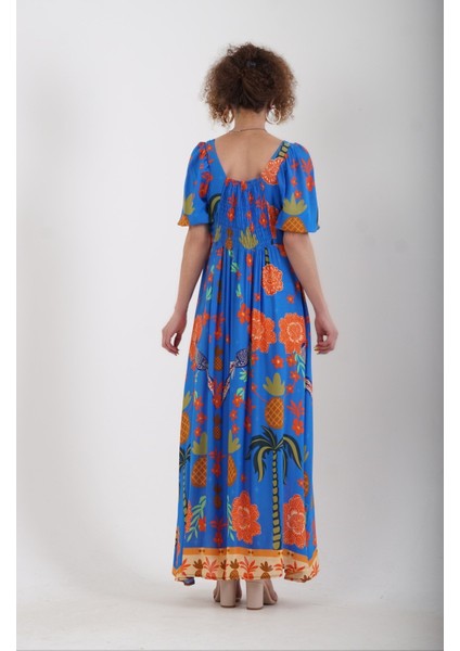 Mavi Kuş Çiçek Desenli Sırtı Gipeli Elbise fiyatları