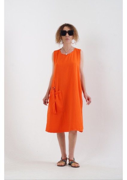 Nar Çiçeği Halka Detaylı Cepli Kolsuz Elbise fiyatları