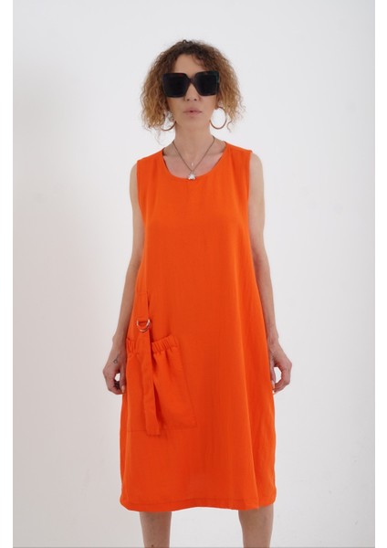 Nar Çiçeği Halka Detaylı Cepli Kolsuz Elbise fırsatları