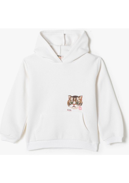 Koton Kapşonlu Sweatshirt Kedi Baskılı Uzun Kollu Şardonlu