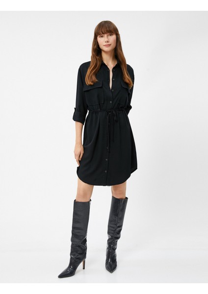 Gömlek Elbise Beli Bağlamalı Düğmeli Cep Detaylı