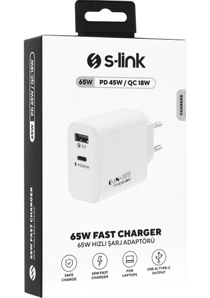 SL-EC69 Gan Pd 65W / Qc 18W Type Usb-C +Usb A Hızlı Beyaz Ev/notebook Şarj Adaptör