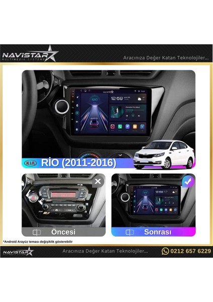 Kia Rio 2011-2016 Model 4+64 GB Android 13 Kablosuz Carplay Navi modelleri
