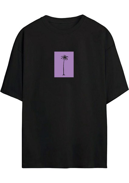 Unisex Mor Palmiye Baskılı Siyah Oversize Tshirt