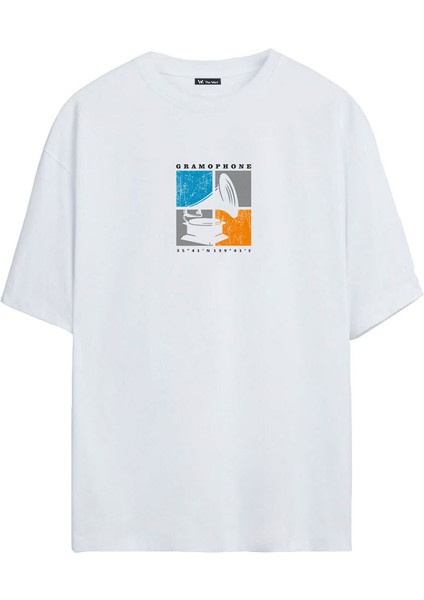 Unisex Gramophone Baskılı Beyaz Oversize Tshirt