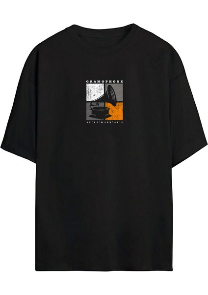 Unisex Gramophone Baskılı Siyah Oversize Tshirt