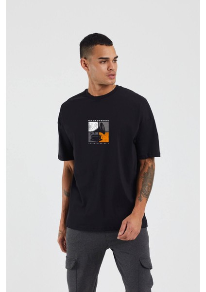Unisex Gramophone Baskılı Siyah Oversize Tshirt fiyatları
