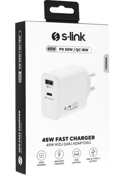 SL-EC68 45W Gan Pd 30W / Qc 18W Type Type Usb-C +Usb A Hızlı Beyaz Ev/notebook Şarj Adaptör