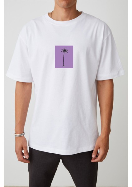 Unisex Mor Palmiye Baskılı Beyaz Oversize Tshirt