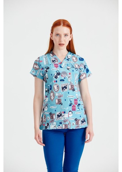 Mavi Zemin Kedi Desenli Likralı Kumaş Cerrahi Takım V Yaka Forma fırsatları