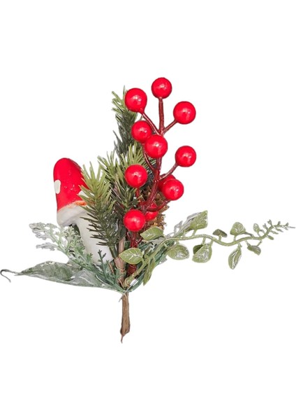 Yılbaşı Yapay Çiçek Mantar Yapraklı Kırmızı Top Bitki Çam Boy 15CM En 18CM