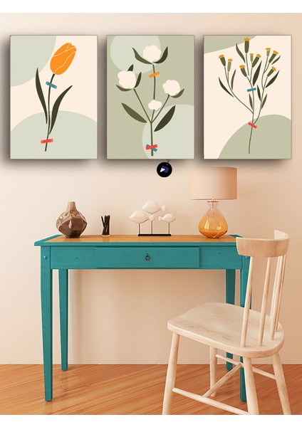 Lale ve Pamuk Üçlü Kanvas Tablo Seti, Premium 3'lü Canvas, 3 Parçalı Duvar Tablosu