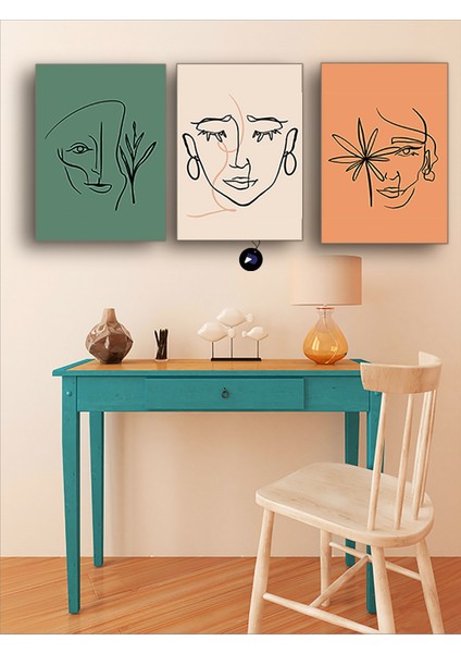 Soyut Kadın Yüzleri-3 Üçlü Kanvas Tablo Seti, Premium 3'lü Canvas, 3 Parçalı Duvar Tablosu