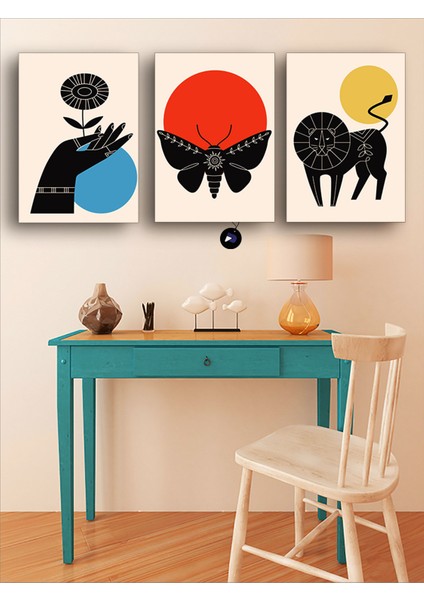 Etnik Desenli Aslan, ve Kelebek Üçlü Kanvas Tablo Seti, Premium 3'lü Canvas, 3 Parçalı Duvar Tablosu