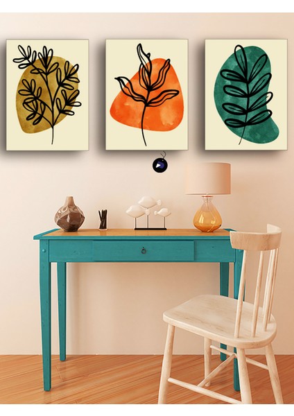 Renkli Yaprak Koleksiyonu-3 Üçlü Kanvas Tablo Seti, Premium 3'lü Canvas, 3 Parçalı Duvar Tablosu