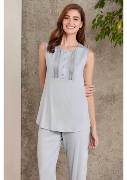 2800 Kadın Penye Dantelli Sabahlıklı Pijama Takım-Mist fiyatları