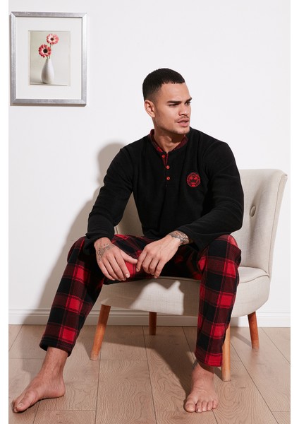 Ekoseli Regular Fit Düğmeli Bisiklet Yaka Kışlık Polar Pijama Takımı Erkek Pijama Takımı 60961001