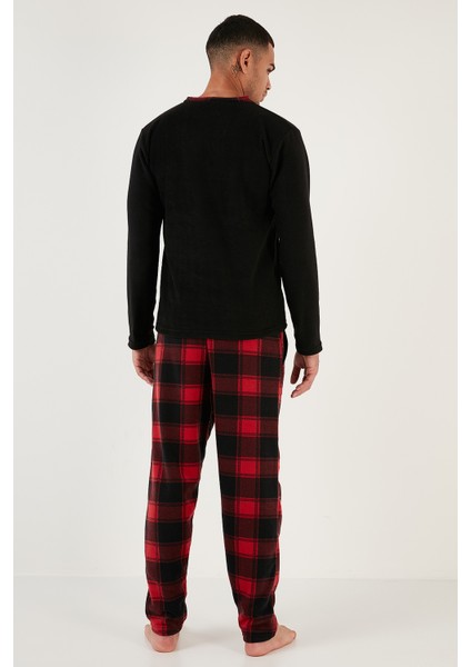 Ekoseli Regular Fit Düğmeli Bisiklet Yaka Kışlık Polar Pijama Takımı Erkek Pijama Takımı 60961001