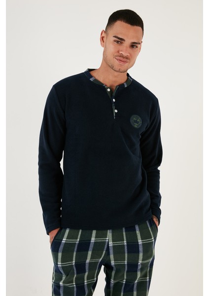Ekoseli Regular Fit Düğmeli Bisiklet Yaka Kışlık Polar Pijama Takımı Erkek Pijama Takımı 60961001