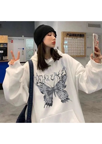 Harajuku Butterfly Beyaz Kalın Kumaş Kapşonlu Sweatshirt